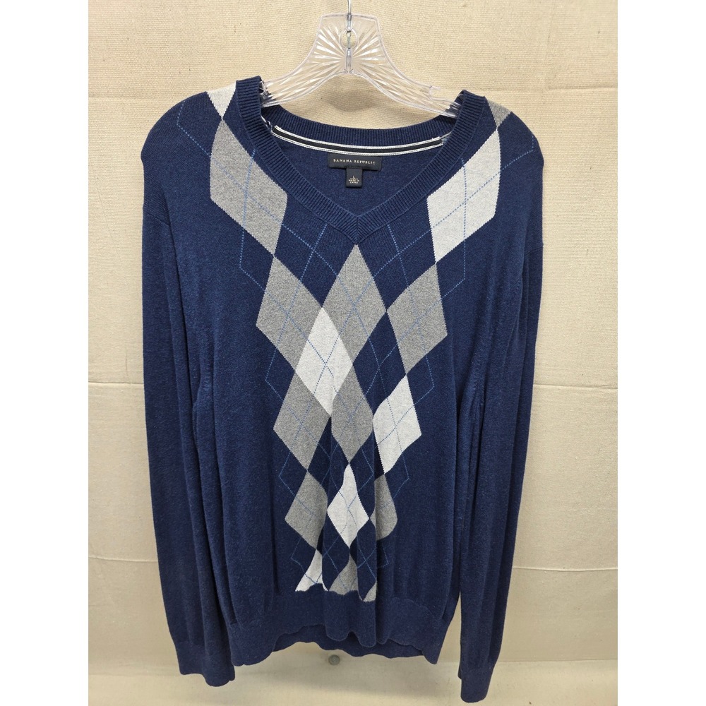 Banana Republic‎ Mens Large Navy Blue Argyle V-Neck Long Sleeve Knit Sweater